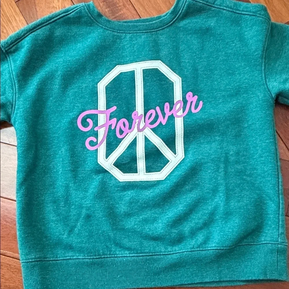Girls Teal Sweatshirt with Peace Sign and 'Forever' Graphic